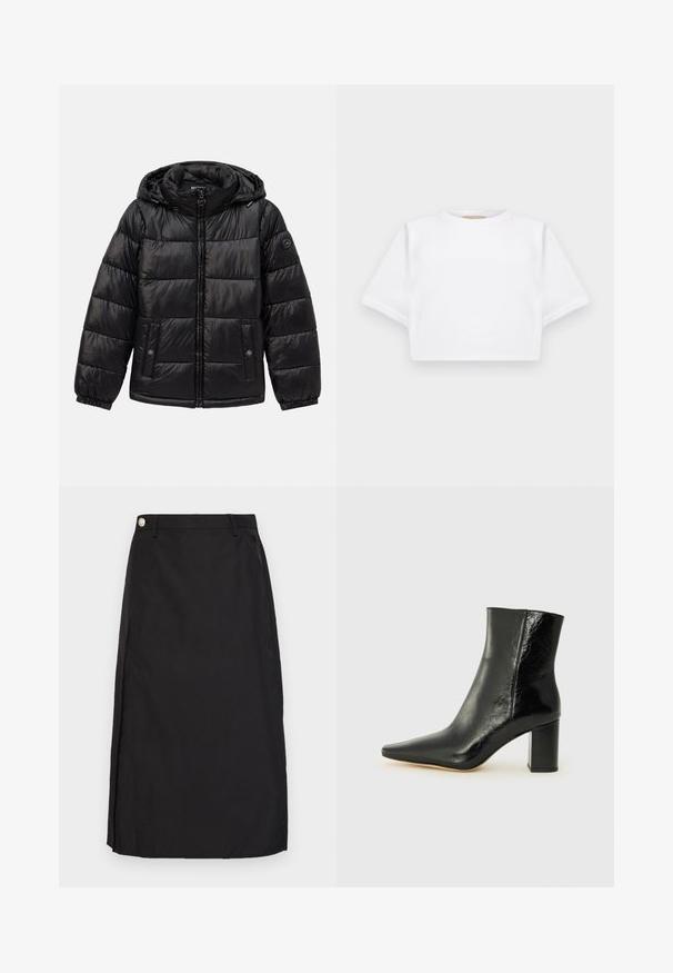 Giacca a vento può nera con trapuntatura, cappuccio, chiusura con zip, tasche con bottoni a pressione, polsini elasticizzati e patch con logo sulla manica sinistra.; T-shirt bianca cropped realizzata in tessuto morbido, con maniche corte, scollo rotondo e dettagli a costine sull'orlo. Design semplice e senza fronzoli.; Gonna nera al ginocchio realizzata in tessuto morbido, con uno spacco frontale e un dettaglio in bottone metallico in vita.; Stivale alla caviglia nero in pelle lucida con punta affusolata e tacco squadrato e corposo. Presenta una texture liscia e un design minimalista.