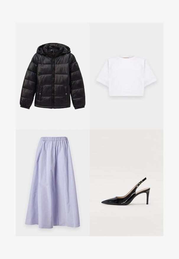 Geacă pufată neagră, matlasată, cu glugă, închidere cu fermoar, buzunare cu capse, manșete elastice și patch cu logo pe mâneca stângă.; Tricou alb scurt dintr-un material moale, cu mâneci scurte, decolteu rotund și detalii ribbrate la margine. Design simplu și fără embellishments.; Fustă largă lavandă dintr-un material ușor, cu talie elastică, textură netedă și o silueta fluidă.; Pantofi slingback din piele patent neagră, cu vârful ascuțit, tocul subțire și un design discret cu decupaj. Se evidențiază printr-un cataramă aurie pe curea.