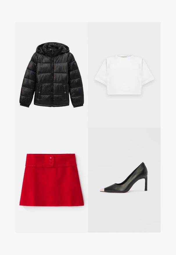 Mustat tikkikuvioiset toppatakki hupulla, vetoketjukiinnitys, nepparilla varustetut taskut, joustavat hihansuut ja logo-patch vasemmassa hihassa.; Lyhythihainen valkoinen t-paita pehmeää kangasta, jossa on pyöreä pääntie ja ribbireunat. Yksinkertainen ja ilman koristeita oleva malli.; Punainen A-linjainen hame, joka on valmistettu sileästä kankaasta, leveällä vyötärönauhalla, jossa on kolme vaaleanpunaisen väristä nappia ja huoliteltu alaosa.; Musta nahkainen korkokenkä, jossa on kärkiosa ja metallinen hopeanvärinen kärki. Kenkä on sileäpintainen ja siinä on kapea 10 cm korko.