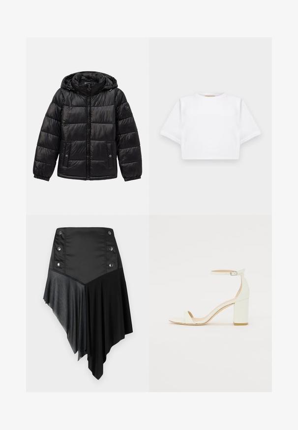 Juodas siuvinėtas pūkinis švarkas su kauke, užtrauktuku, spaudėmis kišenėmis, elastingomis rankogaliais ir logotipo aplikacija kairiajame rankove.; Trumpas baltas marškinėliai iš minkštos medžiagos, su trumpomis rankovėmis, apvaliu iškirpimu ir raukšlėtais hemų detalėmis. Paprastas ir be puošmenų dizainas.; Juoda asimetrinė sijonas, pasižymintis matinės ir tekstūruotos medžiagos deriniu, su sidabriniais mygtukų akcentais juosmenyje ir sluoksniuoto hem design.; Baltos odos blokinio kulno sandalai, su kulkšnies dirželiu ir sagtimi, minimalistinio dizaino. Atvira pirštų dalis ir sklandžios tekstūros visoje.