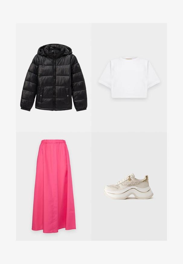 Black quilted puffer jacket with hood, zip closure, snap-button pockets, elastic cuffs, and logo patch on the left sleeve.; Cropped white t-shirt made of soft fabric, featuring short sleeves, a round neckline, and ribbed hem details. Simple and unembellished design.; MAX&Co. MATRIGNA - Maxi skirt - azaleerot; Beige and gold platform sneaker with "MK" pattern, lace-up front, gold charm, and thick wavy sole against plain background.