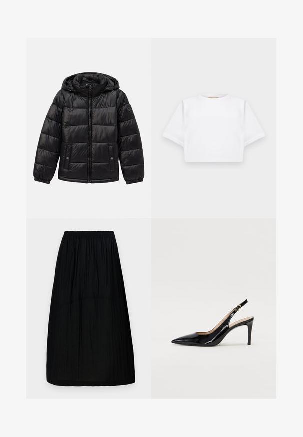 Czarna pikowana kurtka puchowa z kapturem, zamek błyskawiczny, kieszenie zapinane na napy, elastyczne mankiety oraz naszywka z logo na lewym rękawie.; Skrojona biała koszulka z miękkiego materiału, z krótkimi rękawami, okrągłym dekoltem i żebrowanymi detalami u dołu. Prosty i nieozdobiony design.; Czarna spódnica do kolan z elastycznym pasem, wykonana z lekkiego, teksturowanego materiału z delikatnymi pionowymi fałdami. Prosty design.; Czarne lakierowane szpilki typu slingback z szpiczastym noskiem, smukłym obcasem i subtelnym wycięciem. Posiadają złotą klamrę na pasku.
