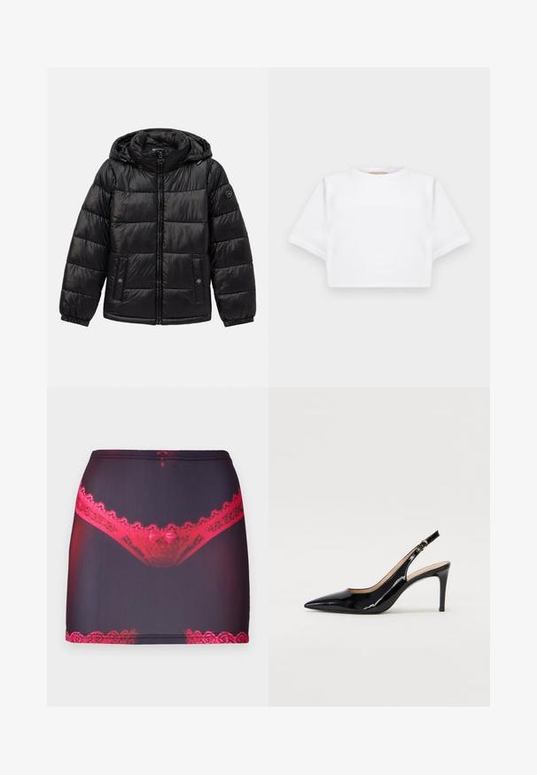 Schwarze, gesteppte Daunenjacke mit Kapuze, Reißverschluss, Druckknopf-Taschen, elastischen Bündchen und Logo-Patch am linken Ärmel.; Beschnittenes weißes T-Shirt aus weichem Stoff, mit kurzen Ärmeln, rundem Halsausschnitt und gerippten Saumdetails. Einfaches und schnörkelloses Design.; Schwarzer Minirock aus Stoff mit rotem Spitze an der Oberseite und am Saum, mit einem grafischen Druck von roter Spitzenunterwäsche auf der Vorderseite.; Schwarz lackierte Slingback-Pumps mit spitzem Zehenbereich, schlankem Absatz und einem subtilen Ausschnittdesign. Verfügt über eine goldene Schnalle am Riemen.