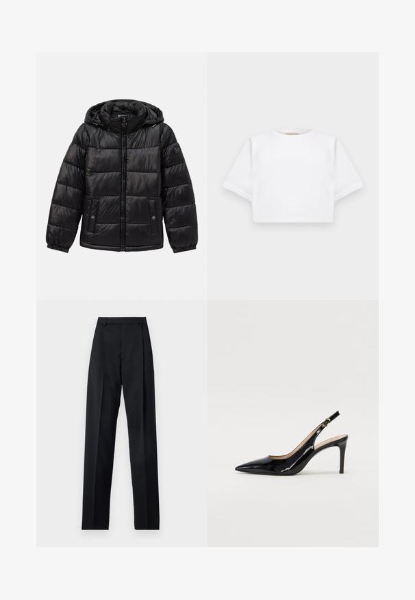 Giacca a vento può nera con trapuntatura, cappuccio, chiusura con zip, tasche con bottoni a pressione, polsini elasticizzati e patch con logo sulla manica sinistra.; T-shirt bianca cropped realizzata in tessuto morbido, con maniche corte, scollo rotondo e dettagli a costine sull'orlo. Design semplice e senza fronzoli.; Pantaloni neri realizzati in tessuto morbido, caratterizzati da vita alta, gambe larghe, pince frontali e classiche passanti per cintura. Non ci sono tasche laterali visibili.; Pumps slingback in pelle verniciata nera con punta affilata, tacco sottile e un design con ritagli delicati. Caratterizzate da una fibbia dorata sul cinturino.