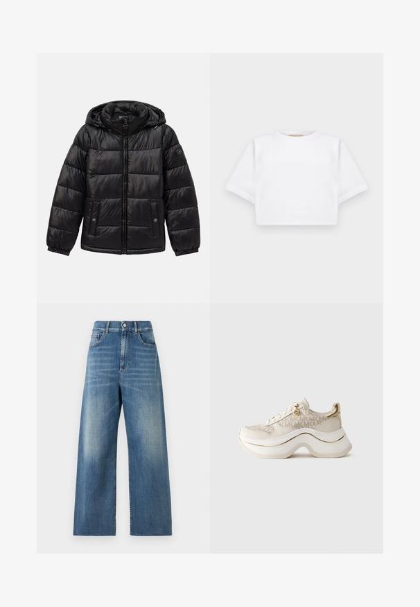 Black quilted puffer jacket with hood, zip closure, snap-button pockets, elastic cuffs, and logo patch on the left sleeve.; Cropped white t-shirt made of soft fabric, featuring short sleeves, a round neckline, and ribbed hem details. Simple and unembellished design.; High-waisted, wide-leg jeans made of blue denim with a faded finish. Features include front pockets and a single button closure.; Beige and gold platform sneaker with "MK" pattern, lace-up front, gold charm, and thick wavy sole against plain background.