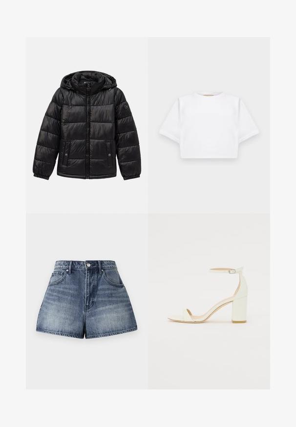 Čierna prešívaná puffa bunda s kapucňou, so zipsom, náprsnými vreckami so zapínaním na patentky, elastickými manžetami a logom na ľavom rukáve.; Strihnuté biele tričko vyrobené z mäkkej látky, s krátkymi rukávmi, okrúhlym výstrihom a rebrovanými detailmi na lemovaní. Jednoduchý a nezdobený dizajn.; Džínové šortky s vysokým pásom vyrobené z modro prateľnej tkaniny. Obsahujú päť vreciek, zapínanie na prednom gombíku a mierne poškodenú textúru.; Biele kožené sandále na blokovom podpätku s remienkom okolo členku a minimalistickým dizajnom. Otvorená špička a hladké textúry po celom povrchu.