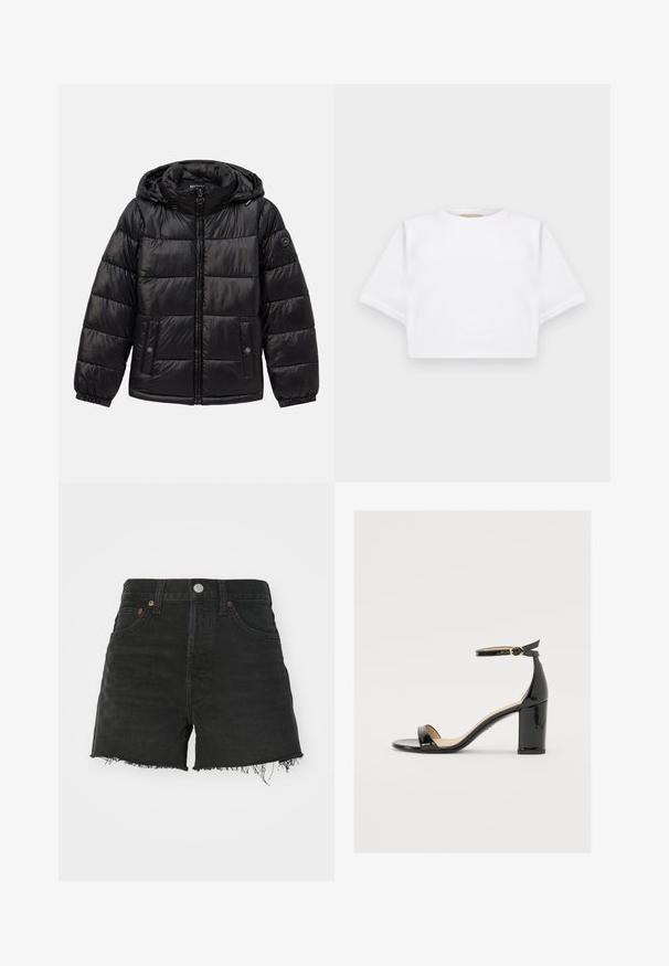 Giacca a vento può nera con trapuntatura, cappuccio, chiusura con zip, tasche con bottoni a pressione, polsini elasticizzati e patch con logo sulla manica sinistra.; T-shirt bianca cropped realizzata in tessuto morbido, con maniche corte, scollo rotondo e dettagli a costine sull'orlo. Design semplice e senza fronzoli.; Bermuda in denim nero con vita alta, orlo sfrangiato e rivetti color rame. Presenta un classico design a cinque tasche e chiusura con bottone.; Sandalo in vernice nera con tacco largo, punta aperta e cinturino alla caviglia con fibbia dorata. Texture liscia e design elegante.