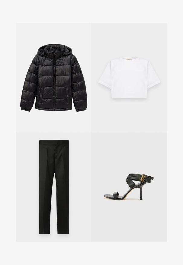 Black quilted puffer jacket with hood, zip closure, snap-button pockets, elastic cuffs, and logo patch on the left sleeve.; Cropped white t-shirt made of soft fabric, featuring short sleeves, a round neckline, and ribbed hem details. Simple and unembellished design.; Black trousers featuring a smooth fabric, tailored design, straight legs, and a flat waistband with no visible closures or pockets.; Black heeled sandal with crossed straps and adjustable buckle. Features a smooth texture and tapered stiletto heel.