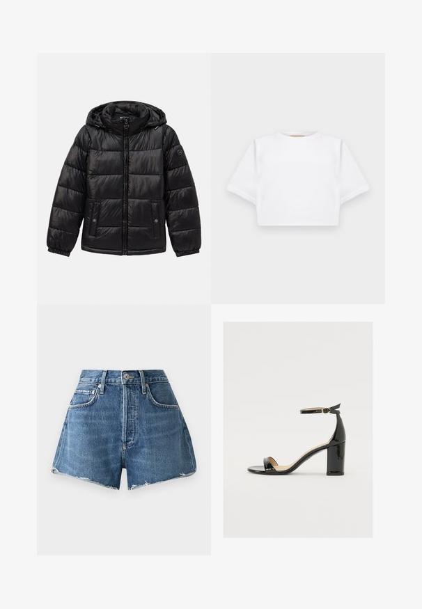 Črna podložena puhovka s kapuco, zadrgo, žepoma na nastavek s gumbom, elastičnimi manšeti in logotipom na levem rokavu.; Kratka bela majica iz mehkega materiala, s kratkimi rokavi, okroglega izreza in rebrastimi robovi. Preprost in neokrašen dizajn.; Modre visokotlačne kavbojke s frayed robom, petimi žepi in kovinskim gumbom za zapiranje. Narejene iz trdnega bombažnega materiala.; Črne patentirane sandale s široko peto, odprtim prstom in trakovi okoli gležnja, ki imajo zlat zajemalec. Gladka tekstura in eleganten dizajn.