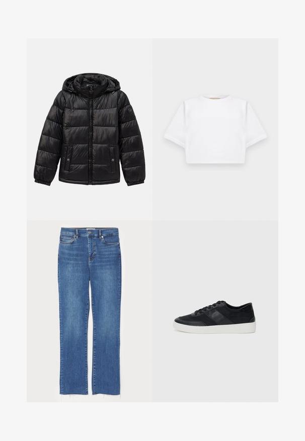 Giacca a vento può nera con trapuntatura, cappuccio, chiusura con zip, tasche con bottoni a pressione, polsini elasticizzati e patch con logo sulla manica sinistra.; T-shirt bianca cropped realizzata in tessuto morbido, con maniche corte, scollo rotondo e dettagli a costine sull'orlo. Design semplice e senza fronzoli.; Jeans in denim blu con taglio dritto, dotati di chiusura a bottone e zip, cinque tasche e orli sfrangiati sul fondo.; Sneaker in pelle nera con suola in gomma bianca, caratterizzata da pannelli testurizzati e chiusura con lacci. Design minimalista senza branding visibile.