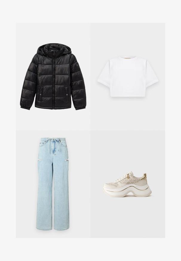Fekete steppelt puffermellény kapucnival, cipzáros záródással, patentos zsebekkel, elasztikus mandzsettákkal és logóval a bal ujjon.; Rövid ujjú, puha anyagból készült, vágott fehér póló, kör alakú nyakkivágással és bordázott alsó résszel. Egyszerű és díszítetlen kialakítás.; Világoskék farmer széles lábú nadrág, zsinóros derékkal, két térdrei szakítással és sima szegéllyel. Puha tapintású, laza illeszkedés.; Beige és arany platform sneaker "MK" mintával, fűzős elejével, arany charm-mal és vastag, hullámos talppal sima háttér előtt.