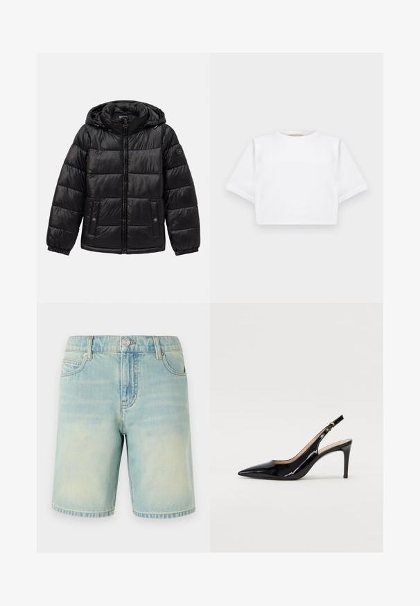 Melnā uzpušķotā puffer jaka ar kapuci, ar rāvējslēdzēju, pogu kabatām, elastīgām piedurknēm un logo uzlīmi kreisajā piedurknē.; Izgriezta balta T-krekla no mīksta auduma, ar īsām piedurknēm, apaļu apkakli un ribota apakšmala. Vienkāršs un neizpušķots dizains.; Gai zila džinsu šorti ar nolietotu apdari, ar piecu kabatu dizainu, redzamām šuvēm un metāla pogu aizdari jostasvietā.; Melnas lakotās ādas slingback kurpes ar izteiktu degunu, šauru papēdi un smalku izgriezumu dizainu. Siksniņai ir zelta sprādze.