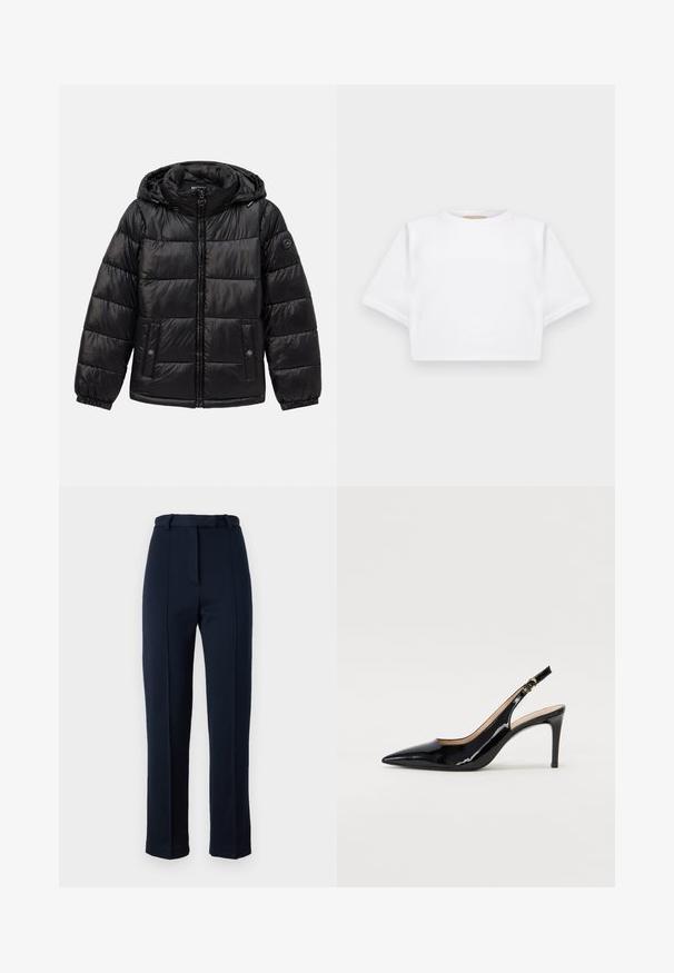 Černá prošívaná péřová bunda s kapucí, zipovým zapínáním, kapsami na patentky, elastickými manžetami a logem na levém rukávu.; Zkrácené bílé tričko vyrobené z měkké látky, má krátké rukávy, kulatý výstřih a žebrované detaily na lemech. Jednoduchý a nezdobený design.; Námořnické modré kalhoty na míru vyrobené z texturované látky; mají pas se smyčkami na opasek a centrální záhyb vpředu. Slim, rovný střih nohavic.; Černé lakované slingback lodičky s špičatou špičkou, úzkým podpatkem a jemným výřezem. Obsahují zlatou sponu na řemínku.