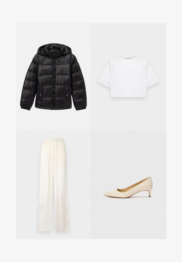 Juodas siuvinėtas pūkinis švarkas su kauke, užtrauktuku, spaudėmis kišenėmis, elastingomis rankogaliais ir logotipo aplikacija kairiajame rankove.; Trumpas baltas marškinėliai iš minkštos medžiagos, su trumpomis rankovėmis, apvaliu iškirpimu ir raukšlėtais hemų detalėmis. Paprastas ir be puošmenų dizainas.; Baltos, laisvai priglundančios kelnės, pagamintos iš lengvo, satino tipo audinio. Turi elastingą juosmenį su rišančia virvele ir subtilų raštą.; Smėlio spalvos, smailėjančio toe dizaino bateliai pagaminti iš sklandžios sintetinės medžiagos, su žemu kulnu ir užsidėjimu, papildytu subtiliu nugaros akcentu.