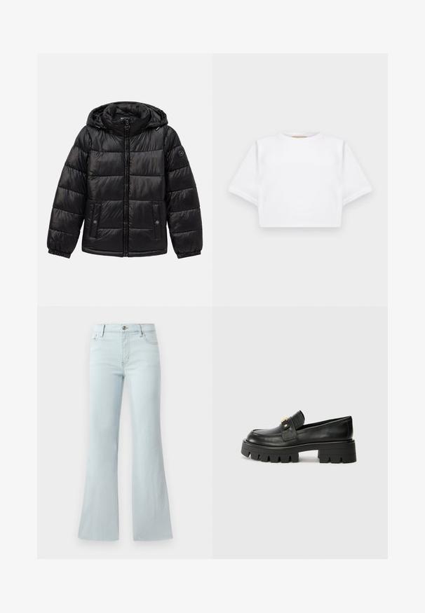 Casaco puffer acolchoado preto com capuz, fecho de zip, bolsos com botão de pressão, punhos elásticos e patch de logótipo na manga esquerda.; T-shirt branca corta, feita de tecido macio, apresentando mangas curtas, um decote redondo e detalhes de bainha canelada. Design simples e despretensioso.; Calças de ganga azuis claras largas. Apresentam um design clássico de cinco bolsos e fecho frontal com botão. Textura lisa em toda a peça.; Mocassins de couro preto com uma sola robusta, apresentando um detalhe em tom dourado na parte da frente e um acabamento suave. Design de solado com cravos robustos.