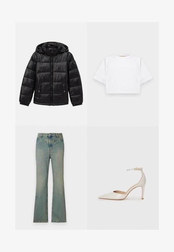 Juodas siuvinėtas pūkinis švarkas su kauke, užtrauktuku, spaudėmis kišenėmis, elastingomis rankogaliais ir logotipo aplikacija kairiajame rankove.; Trumpas baltas marškinėliai iš minkštos medžiagos, su trumpomis rankovėmis, apvaliu iškirpimu ir raukšlėtais hemų detalėmis. Paprastas ir be puošmenų dizainas.; Šviesiai mėlynos džinsinės kelnės su plačiais apatiniais, aukštu liemeniu, penkiomis kišenėmis ir užtrauktuku. Švarus, išblukęs apdaila su subtiliomis siuvimo detalėmis.; Balti odiniai aukštakulniai batai su smailiu priekiniu galu, kulkšnies dirželiu ir siauru stiletu. Lygi tekstūra su subtiliu blizgiu paviršiumi.