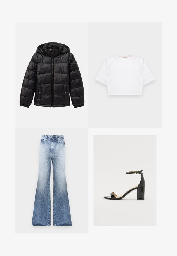 Mustmustarist kašmirist kraavi jakk kapuutsiga, lukuga sulgemine, nööbiga taskud, elastsed mansetid ja logo lipik vasakul varrukal.; Lühikeste varrukatega, pehmest kangast lõigatud valge T-särk, millel on ümar kaelus ja soonikuga ääred. Lihtne ja ilma kaunistusteta disain.; Kulunud sinised denimist laienevad teksad kõrge vöökohaga, nupu kinnitusega, viie taskuga ja kulumiseefektiga.; Must musta nahk sandaalid laia kanna, avatud varvaste ja ankletihaga, millel on kuldne pandla. Sile tekstuur ja elegantne disain.