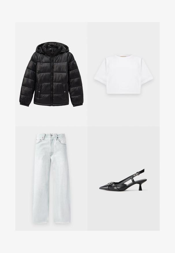 Melnā uzpušķotā puffer jaka ar kapuci, ar rāvējslēdzēju, pogu kabatām, elastīgām piedurknēm un logo uzlīmi kreisajā piedurknē.; Izgriezta balta T-krekla no mīksta auduma, ar īsām piedurknēm, apaļu apkakli un ribota apakšmala. Vienkāršs un neizpušķots dizains.; Gaiši zili platās kājas džinsi, izgatavoti no denima. Ar pogājamu jostu, piecām kabatām un saplēstu apakšmalu. Displejs ar smalku tonālo izšuvumu.; Melnas ādas šlipsveida kurpes ar norādītu purngalu, dekoratīvām joslām ar metāla acīm un zemu bloku papēdi. Teksturēta virsma.