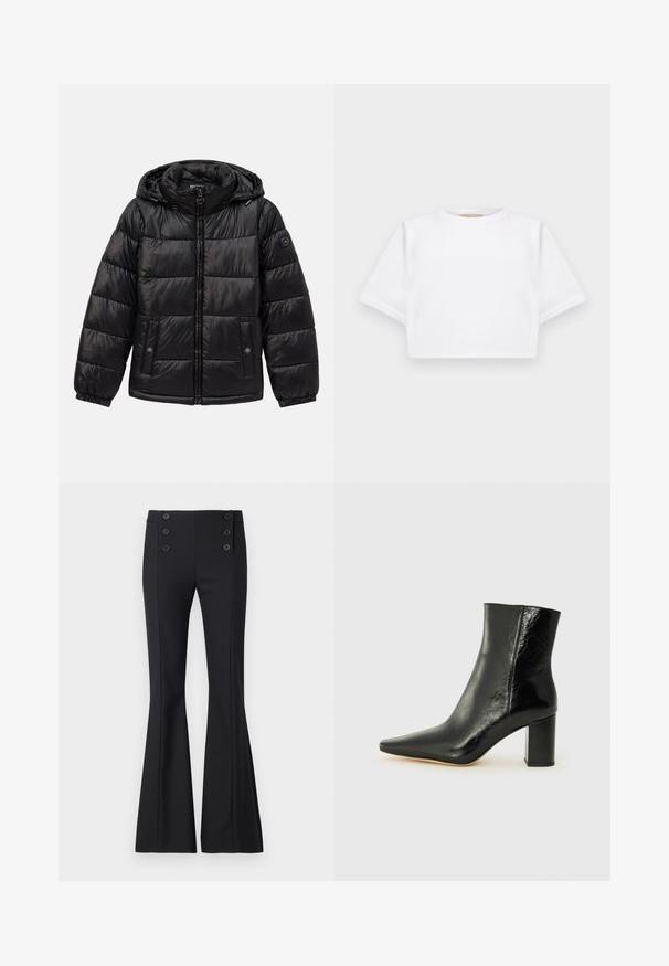 Czarna pikowana kurtka puchowa z kapturem, zamek błyskawiczny, kieszenie zapinane na napy, elastyczne mankiety oraz naszywka z logo na lewym rękawie.; Skrojona biała koszulka z miękkiego materiału, z krótkimi rękawami, okrągłym dekoltem i żebrowanymi detalami u dołu. Prosty i nieozdobiony design.; Czarne rozszerzane spodnie z tkaniny tkanej, z wysokim stanem, detalami szwów z przodu i czterema dekoracyjnymi guzikami w pasie.; Czarne botki za kostkę wykonane z błyszczącej skóry, z wydłużonym noskiem i masywnym, kwadratowym obcasem. Posiadają gładką fakturę i minimalistyczny design.