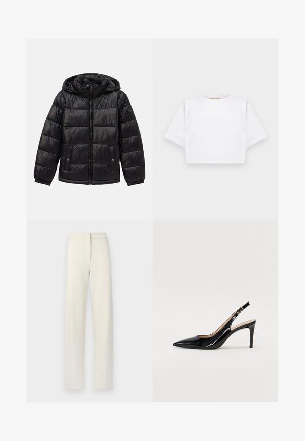 Crna jakna s kvačicama, s kapuljačom, zatvaranjem na patentni zatvarač, džepovima na dugmad, elastičnim manžetama i logotipom na lijevom rukavu.; Skraćena bijela majica od mekog materijala, s kratkim rukavima, okruglim izrezom i rebrastim detaljima na rubu. Jednostavan i neukrašen dizajn.; Hlače širokog kroja boje kreme napravljene od mekog materijala, s ravnim prednjim dijelom, bočnim džepovima i prošivenim detaljima uz šavove.; Crne lakirane slingback cipele s oštrim vrhom, uskim potpeticama i suptilnim izrezom. Sadrže zlatnu kopču na traku.