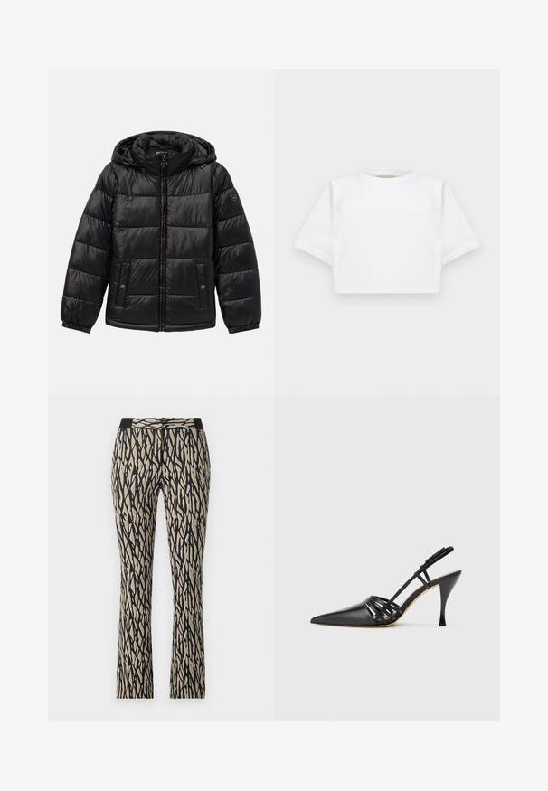 Sort, quiltet pufferjakke med hætte, lynlås lukning, snap-knap lommer, elastiske manchetter, og logo patch på venstre ærme.; KFrakelse hvid t-shirt lavet af blødt stof, med korte ærmer, rund halsudskæring og ribbede nederste detaljer. Enkel og udekoreret design.; Sorte og beige mønstrede bukser med en tætsiddende talje, der har et abstrakt stribedesign, lavet af et blødt, strækbart stof.; Sort læder højhælede slingback-sko med spids tå, crisscross-remdesign og slank stiletto-hæl. Glat tekstur og minimale accenter.