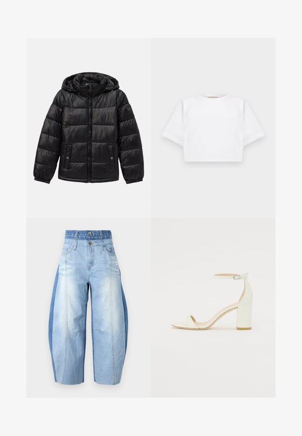 Casaco puffer acolchoado preto com capuz, fecho de zip, bolsos com botão de pressão, punhos elásticos e patch de logótipo na manga esquerda.; T-shirt branca corta, feita de tecido macio, apresentando mangas curtas, um decote redondo e detalhes de bainha canelada. Design simples e despretensioso.; ROKH BALLOON SHAPED LAYERED DENIM - Wide leg - lightblue; Sandal de bloco em pele branca, apresentando uma correia no tornozelo com fivela e um design minimalista. Com biqueira aberta e texturas suaves ao longo de toda a peça.