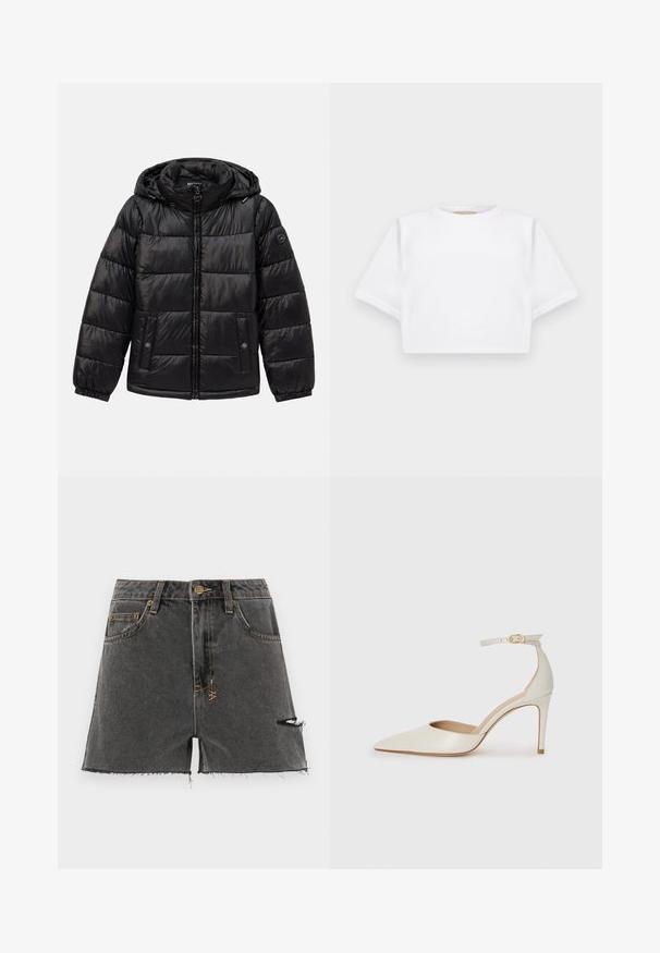 Casaco puffer acolchoado preto com capuz, fecho de zip, bolsos com botão de pressão, punhos elásticos e patch de logótipo na manga esquerda.; T-shirt branca corta, feita de tecido macio, apresentando mangas curtas, um decote redondo e detalhes de bainha canelada. Design simples e despretensioso.; Calções de ganga em cinza escuro com bainha desfiada, detalhes desgastados e costura amarela em contraste. Apresenta bolsos tradicionais e um botão na frente.; Sapato de salto alto em pele branca com biqueira pontiaguda, faixa no tornozelo e um salto fino de stiletto. Textura suave com um leve acabamento brilhante.