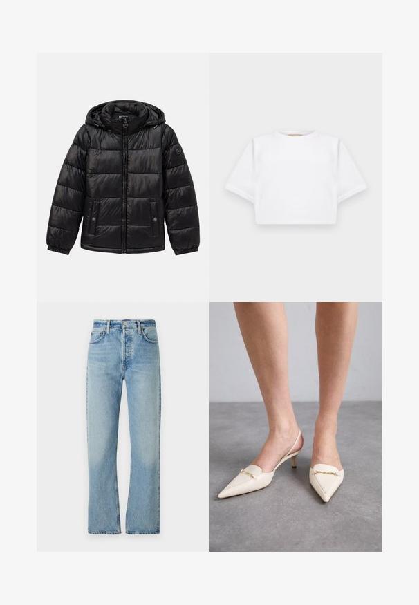 Casaco puffer acolchoado preto com capuz, fecho de zip, bolsos com botão de pressão, punhos elásticos e patch de logótipo na manga esquerda.; T-shirt branca corta, feita de tecido macio, apresentando mangas curtas, um decote redondo e detalhes de bainha canelada. Design simples e despretensioso.; Jeans de ganga azul claros com um design de perna reta, cintura alta, passantes para cinto e estilo clássico de cinco bolsos. Desgaste subtil no tecido.; Sapatos de salto slingback em tom bege cremoso, com bico fino e salto médio elegante, apresentando um detalhe em corrente dourada na parte superior e textura de couro suave.
