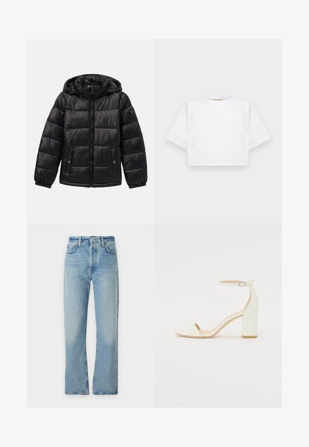 Casaco puffer acolchoado preto com capuz, fecho de zip, bolsos com botão de pressão, punhos elásticos e patch de logótipo na manga esquerda.; T-shirt branca corta, feita de tecido macio, apresentando mangas curtas, um decote redondo e detalhes de bainha canelada. Design simples e despretensioso.; Jeans de ganga azul claros com um design de perna reta, cintura alta, passantes para cinto e estilo clássico de cinco bolsos. Desgaste subtil no tecido.; Sandal de bloco em pele branca, apresentando uma correia no tornozelo com fivela e um design minimalista. Com biqueira aberta e texturas suaves ao longo de toda a peça.