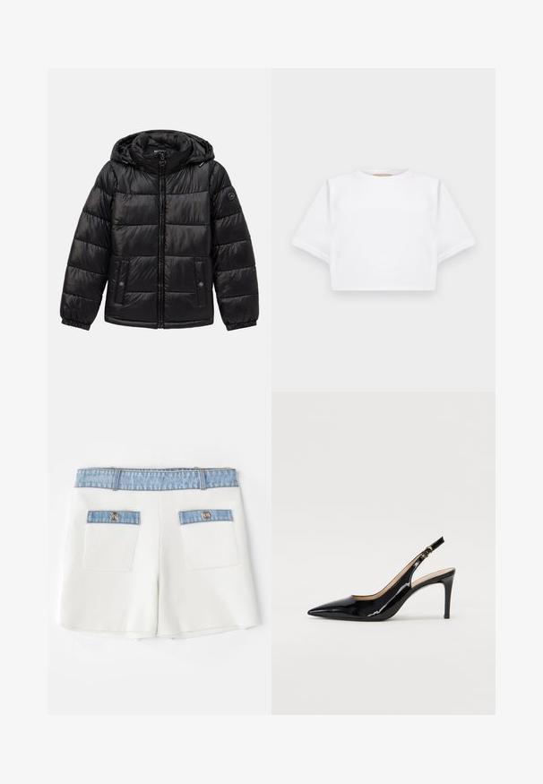 Black quilted puffer jacket with hood, zip closure, snap-button pockets, elastic cuffs, and logo patch on the left sleeve.; Cropped white t-shirt made of soft fabric, featuring short sleeves, a round neckline, and ribbed hem details. Simple and unembellished design.; Maje IRSALA - Shorts - ecru; Black patent leather slingback pump with pointed toe, slim heel, and a subtle cutout design. Features a gold buckle on the strap.