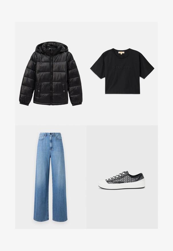 Crna jakna s kvačicama, s kapuljačom, zatvaranjem na patentni zatvarač, džepovima na dugmad, elastičnim manžetama i logotipom na lijevom rukavu.; Crna kratka majica od pamuka. Ima okrugli izrez i kratke rukave. "MICHAEL KORS" izvezena u boji koja odgovara na prednjoj strani.; Svijetloplave traperice širokog kroja, izrađene od denima, s visokim strukom, petljama za remen, prednjim džepovima i kontrastnim šavovima.; Crne i sivo uzorkovane tenisice s bijelim gumiranim vrhom i potplatom, s crnim vezicama i teksturiranim gornjim dijelom.
