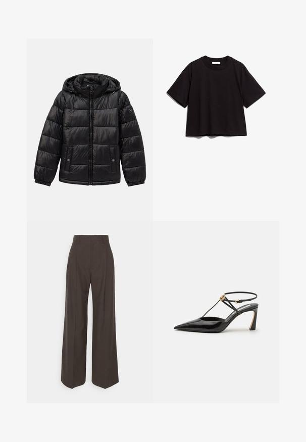 Casaco puffer acolchoado preto com capuz, fecho de zip, bolsos com botão de pressão, punhos elásticos e patch de logótipo na manga esquerda.; T-shirt de algodão preto com decote redondo e mangas curtas. Apresenta um corte descontraído e um design simples, sem adornos.; Calças largas castanhas escuras com cintura alta, apresentando pregas bem vincadas, textura suave e um corte ajustado.; Victoria Beckham Saltos altos - black