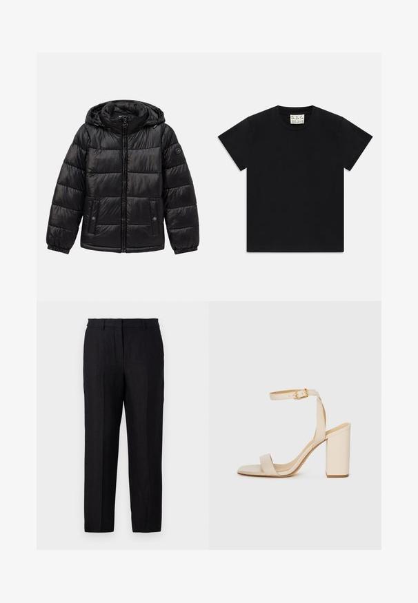 Svart quilted puffer-jakke med hette, glidelås foran, knapp-lukking lommer, elastiske mansjetter og en logo-patch på venstre erme.; Svart kortermet t-skjorte med rund hals og et hvitt merket innvendig i kragen med teksten "D.R.C. EST. 2002" på hvit bakgrunn.; Sorte linbukser med en rett passform, som har glidelås, beltehemper og front- og baklommer. Glatt tekstur og minimalistisk design.; Beige høyhælte sandaler med firkantet tå, tynn ankelrem og blokk hæl. Glatt skinntekstur med gullspenne detaljer.