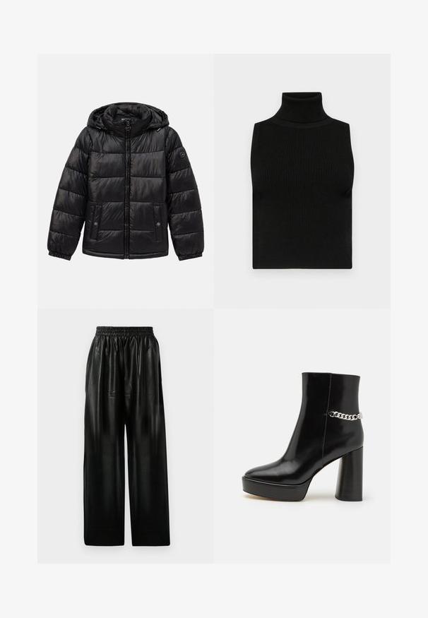 Casaco puffer acolchoado preto com capuz, fecho de zip, bolsos com botão de pressão, punhos elásticos e patch de logótipo na manga esquerda.; Top sem mangas preto de gola alta, com textura canelada e design ajustado. Tecido suave com gola alta e sem adornos adicionais.; Calças largas de couro preto com cintura elástica, apresentando dois bolsos laterais e uma textura suave e brilhante.; Bota de tornozelo em couro envernizado preto com uma plataforma robusta e um salto alto em bloco. Apresenta um detalhe em corrente prateada na lateral. Textura suave.
