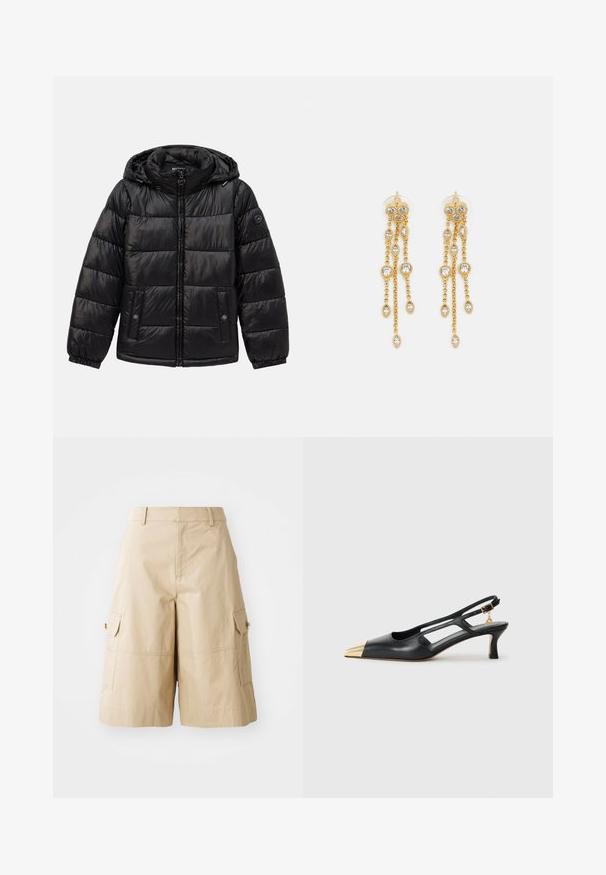 Svart quilted puffer-jakke med hette, glidelås foran, knapp-lukking lommer, elastiske mansjetter og en logo-patch på venstre erme.; Hvit bomulls T-skjorte med kort erm, avslappet passform og V-hals med en stolpe med fem dekorative knapper.; Beige cargo-shorts laget av lett stoff, med to sidelommer, flat front og avslappet passform.; Svarte skinn slingback-sko med spiss tå og gullmetallhette. Har utskjæringsdesign og en slank hæl med justerbar stropp.; Gullfargede øreringer med flere hengende kjeder, med klare ovale rhinestein aksenter og dekorative stud-topper.