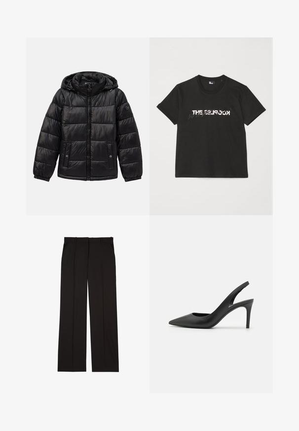 Zwarte gewatteerde pufferjack met capuchon, ritssluiting, drukknoopzakken, elastische manchetten en logo-opdracht op de linkermouw.; Zwarte katoenen t-shirt met korte mouwen, met een bedrukte witte en grijze "THE 2LOOK"-ontwerp over de voorkant. Klassieke ronde hals.; Zwarte op maat gemaakte broek van een gladde stof, met een rechte pijp en twee zijzakken. Elegante en minimalistische constructie.; Zwarte leren slingback hoge hakken met een puntige neus, met een uitsparing aan de voorkant en een dunne stilettohak.