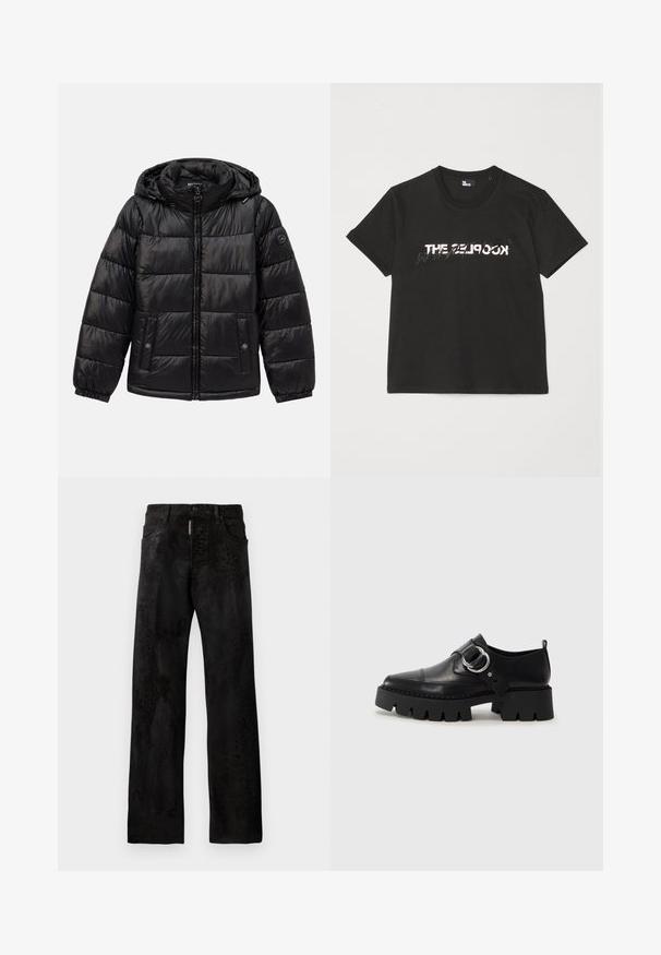 Geacă pufată neagră, matlasată, cu glugă, închidere cu fermoar, buzunare cu capse, manșete elastice și patch cu logo pe mâneca stângă.; Tricou din bumbac negru, cu mâneci scurte, având un design imprimat alb și gri "THE 2LOOK" pe partea din față. Guler clasic rotund.; Jeanși negri din denim cu croială dreaptă, având un model subtil de imprimeu animal, cinci buzunare și închidere cu nasture.; Pantofi din piele neagră cu o talpă groasă, nervurată, având un accent circular din metalargintiu și un detaliu minim de cusătură.