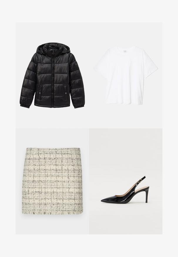 Juodas siuvinėtas pūkinis švarkas su kauke, užtrauktuku, spaudėmis kišenėmis, elastingomis rankogaliais ir logotipo aplikacija kairiajame rankove.; Balta medvilnės marškinėliai trumpomis rankovėmis, apvalia iškirpte, laisvo kirpimo ir su siūtu kraštu. Etiketė matoma vidinėje iškirptės pusėje.; Kreminės ir juodos spalvos tweed mini sijonas, pasižymintis tekstūruotu raštu, tiesia forma ir pakraščiu su kutais detalėms.; Juodas lakinės odos slingback batelis su smailiu nosiu, plonu kulnu ir subtiliu išpjovos dizainu. Yra auksinė sagtis ant dirželio.