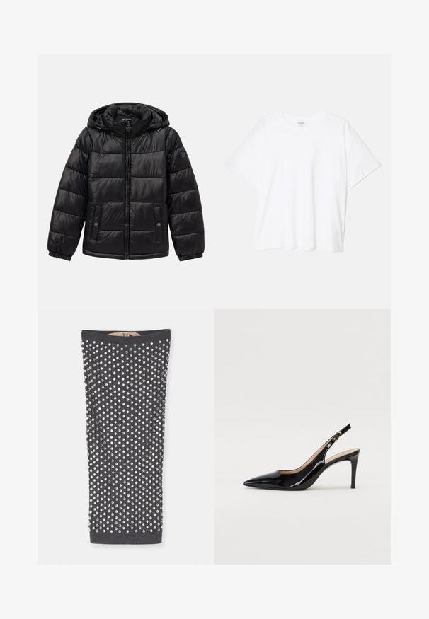 Černá prošívaná péřová bunda s kapucí, zipovým zapínáním, kapsami na patentky, elastickými manžetami a logem na levém rukávu.; Bílý bavlněný tričko s krátkým rukávem, kulatým výstřihem, volným střihem a šitým lemem. Nálepka viditelná na vnitřní straně výstřihu.; Charcoal šedý tube top zdobený stříbrnými kameny v mřížkovaném vzoru, s žebrovanou texturou a hladkým vnitřkem.; Černé lakované slingback lodičky s špičatou špičkou, úzkým podpatkem a jemným výřezem. Obsahují zlatou sponu na řemínku.