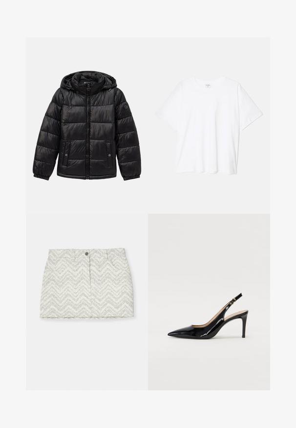 Mustmustarist kašmirist kraavi jakk kapuutsiga, lukuga sulgemine, nööbiga taskud, elastsed mansetid ja logo lipik vasakul varrukal.; Valge puuvillane T-särk lühikeste varrukatega, ümmargune kaelus, mugav lõige ja õmmeldud serv. Silt nähtav kaela seest.; Valge seelik hallide vöödega, millel on nup closures, kaks külgtaskut ja sirge lõige. Valmistatud tekstuurilisest kangast.; Must hõbedavärvi patendiga slingback kontsakingad terava varbaga, kitsas konts ja peene lõikega disain. Statistika on kuldne pandla rihmal.