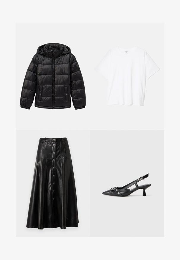 Schwarze, gesteppte Daunenjacke mit Kapuze, Reißverschluss, Druckknopf-Taschen, elastischen Bündchen und Logo-Patch am linken Ärmel.; Weißes Baumwoll-T-Shirt mit kurzen Ärmeln, runder Halslinie, lockerer Passform und genähtem Saum. Etikett sichtbar am inneren Kragen.; Cinq à Sept VEENA SKIRT - A-Linien-Rock - black; Schwarzer Leder-Slingback-Schuh mit spitz zulaufender Zehenpartie, dekorativen Riemen mit METALLÖSEN und niedrigem Blockabsatz. Strukturelle Oberfläche.