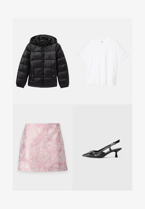 Černá prošívaná péřová bunda s kapucí, zipovým zapínáním, kapsami na patentky, elastickými manžetami a logem na levém rukávu.; Bílý bavlněný tričko s krátkým rukávem, kulatým výstřihem, volným střihem a šitým lemem. Nálepka viditelná na vnitřní straně výstřihu.; iBlues CAIRO - Minisukně - rosa; Černé kožené slingback boty s špičatou špičkou, dekorativními pásky s kovovými očky a nízkým blokovým podpatkem. Texturovaný povrch.