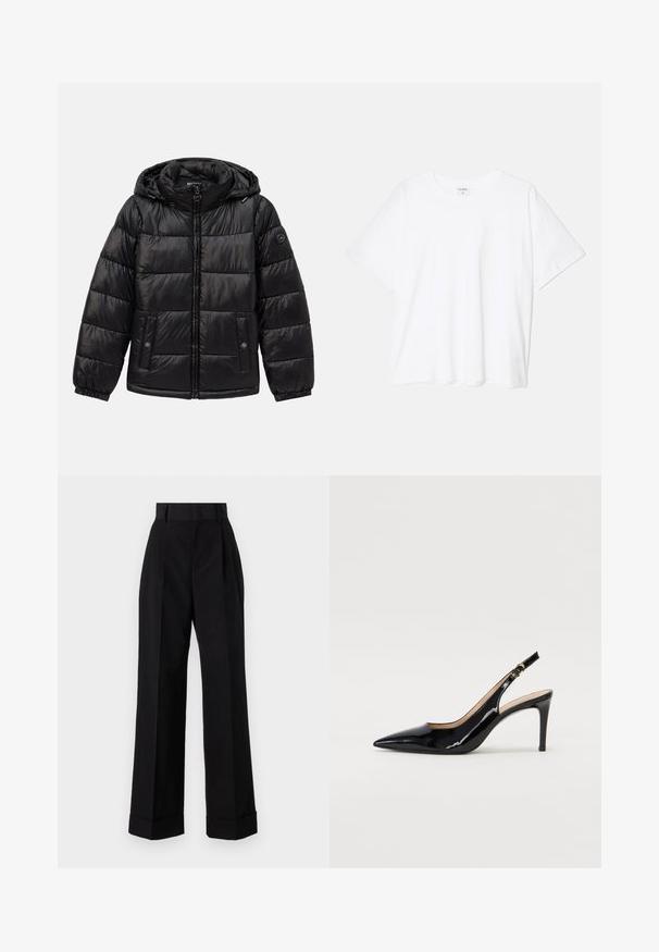 Mustat tikkikuvioiset toppatakki hupulla, vetoketjukiinnitys, nepparilla varustetut taskut, joustavat hihansuut ja logo-patch vasemmassa hihassa.; Valkoinen puuvillapaita lyhyillä hihoilla, pyöreällä pääntiellä, rentoa tyyliä ja ommeltu helma. Tunniste näkyvissä sisäkauluksessa.; Mustat korkeavyötäröiset housut, jotka on valmistettu puuvillasta. Ominaisuuksiin kuuluu leveä lahkeiden muotoilu, laskokset ja käärityt hihansuut. Pintakudos on sileä, ilman näkyviä kuvioita tai metalliosia.; Musta lakattu nahkainen slingback-korkokenkä, jossa on terävä kärki, kapea korko ja hillitty leikkaussuunnittelu. Varressa on kultainen solki.