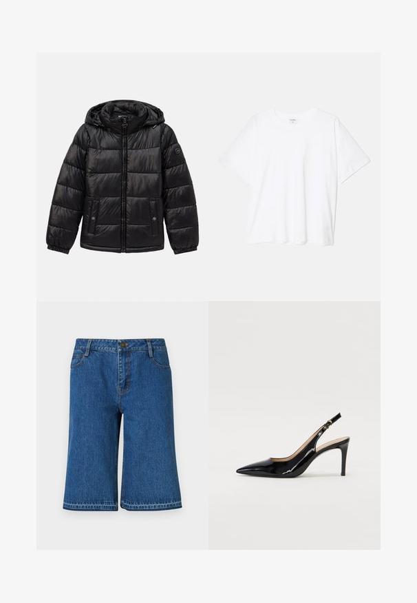 Geacă pufată neagră, matlasată, cu glugă, închidere cu fermoar, buzunare cu capse, manșete elastice și patch cu logo pe mâneca stângă.; Tricou alb din bumbac, cu mâneci scurte, guler rotund, croi lejer și tiv cusut. Eticheta este vizibilă pe interiorul gulerului.; Shorts din denim albastru, cu un croi drept, având un brâu, cinci buzunare și detalii de cusătură subtile pe cusături.; Pantofi slingback din piele patent neagră, cu vârful ascuțit, tocul subțire și un design discret cu decupaj. Se evidențiază printr-un cataramă aurie pe curea.