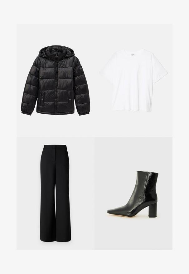 Black quilted puffer jacket with hood, zip closure, snap-button pockets, elastic cuffs, and logo patch on the left sleeve.; White cotton t-shirt with short sleeves, round neckline, relaxed fit, and stitched hem. Label visible on the inside neck.; MAX&Co. BRIVIDO - Trousers - schwarz; Black ankle boot made of glossy leather with a pointed toe and a chunky, square heel. Features a smooth texture and minimalistic design.