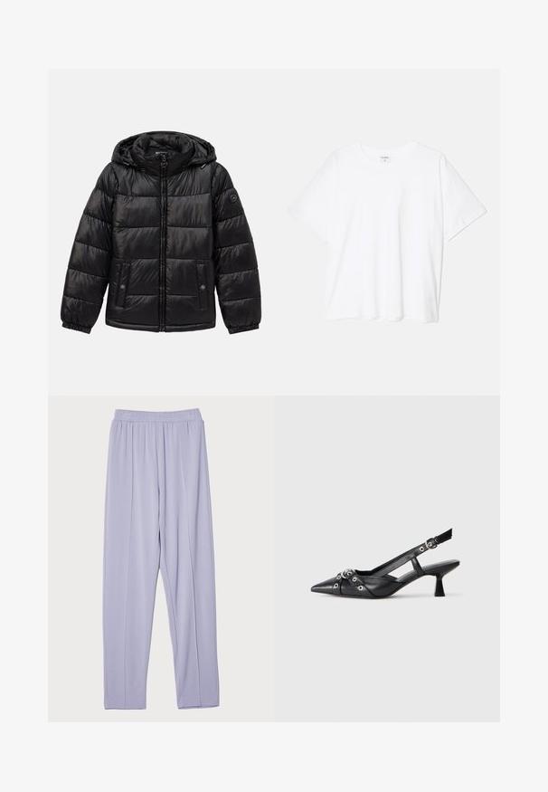 Zwarte gewatteerde pufferjack met capuchon, ritssluiting, drukknoopzakken, elastische manchetten en logo-opdracht op de linkermouw.; Witte katoenen t-shirt met korte mouwen, ronde halslijn, comfortabele pasvorm en gestikte zoom. Etiket zichtbaar aan de binnenzijde van de hals.; Lichtpaarse, elastische taille, losse broek met een gladde textuur en zijplooien. Ontworpen voor comfort en bewegingsvrijheid.; Zwarte leren slingback schoen met een puntige neus, decoratieve banden met metalen oogjes en een lage blokhak. Textuur oppervlak.