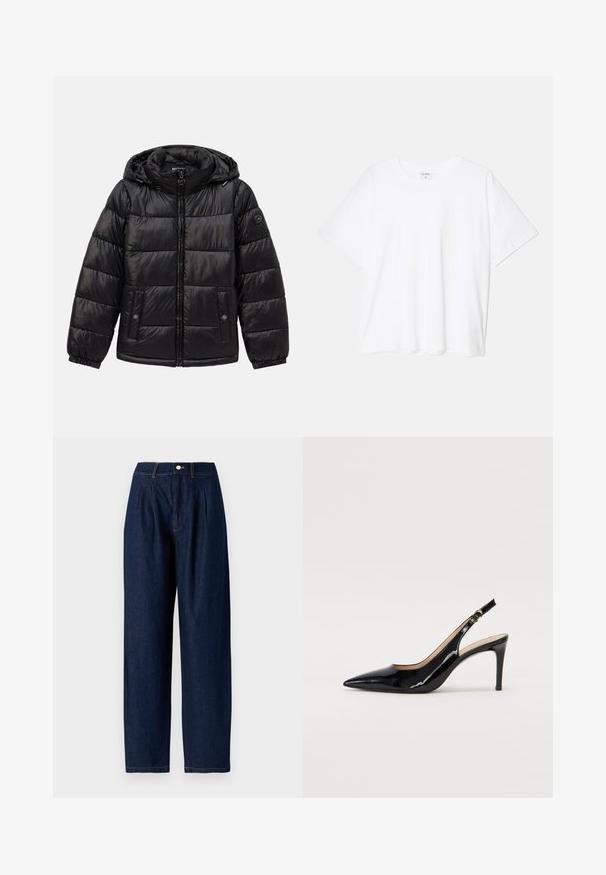 Black quilted puffer jacket with hood, zip closure, snap-button pockets, elastic cuffs, and logo patch on the left sleeve.; White cotton t-shirt with short sleeves, round neckline, relaxed fit, and stitched hem. Label visible on the inside neck.; Dark blue denim trousers with a high waist, wide legs, front pleats, silver button closure, and yellow stitching accents.; Black patent leather slingback pump with pointed toe, slim heel, and a subtle cutout design. Features a gold buckle on the strap.
