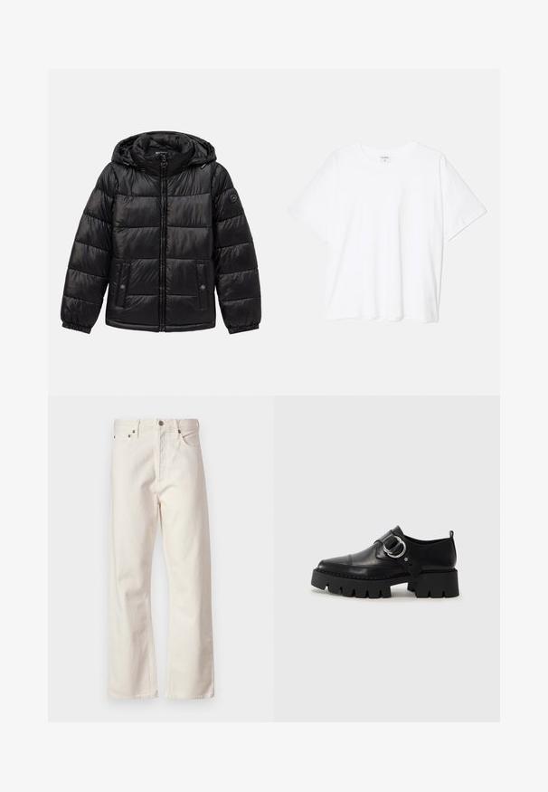 Crna jakna s kvačicama, s kapuljačom, zatvaranjem na patentni zatvarač, džepovima na dugmad, elastičnim manžetama i logotipom na lijevom rukavu.; Bijela pamučna majica s kratkim rukavima, okruglim izrezom, opuštenim krojem i šivenim rubom. Etiketa je vidljiva na unutarnjoj strani vrata.; Bijele traperice s pravim krojem, s klasičnim dizajnom s pet džepova, metalnim kopčanjem i suptilnom teksturom.; Crne kožne cipele s debelim, rebrastim potplatom, koje imaju okrugli srebrni detalj i minimalne šavove.