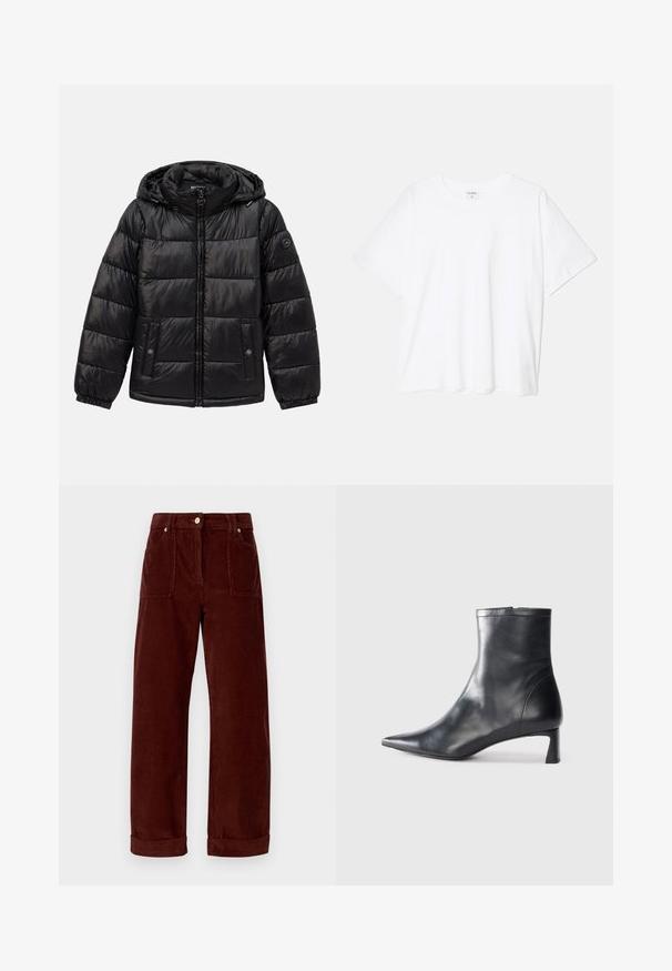 Čierna prešívaná puffa bunda s kapucňou, so zipsom, náprsnými vreckami so zapínaním na patentky, elastickými manžetami a logom na ľavom rukáve.; Biely bavlnený tričko s krátkymi rukávmi, okrúhlym výstrihom, voľným strihom a prešitým lemom. Štítok viditeľný na vnútornom krku.; Hnedé kordové nohavice so strihom rovného nohavca, s prehnutými manžetami a dvoma prednými vreckami. Textília má výraznú ribbovanú štruktúru.; Čierne kožené členkové topánky s špicatou špičkou a elegantným dizajnom. Majú nízky podpätok a zips na zadnej strane. Hladká textúra.