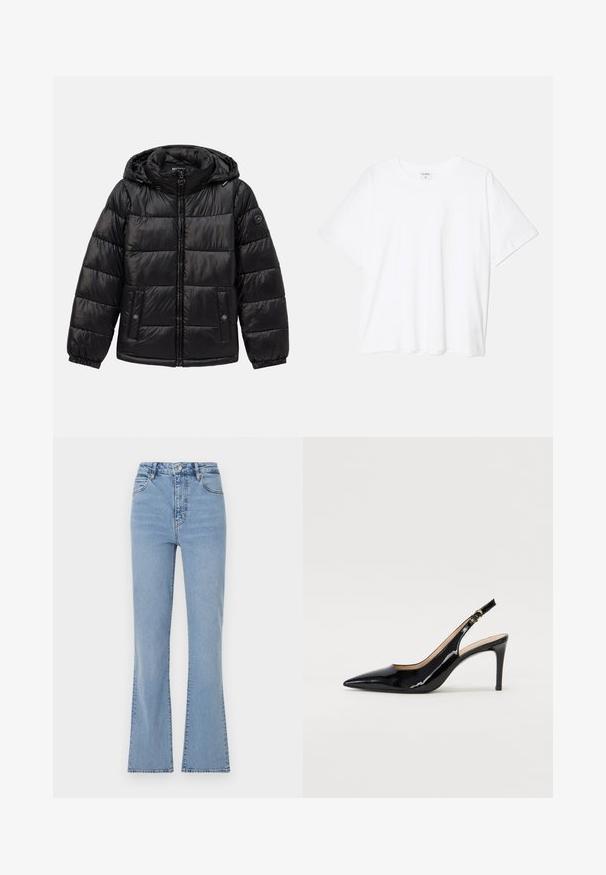 Zwarte gewatteerde pufferjack met capuchon, ritssluiting, drukknoopzakken, elastische manchetten en logo-opdracht op de linkermouw.; Witte katoenen t-shirt met korte mouwen, ronde halslijn, comfortabele pasvorm en gestikte zoom. Etiket zichtbaar aan de binnenzijde van de hals.; Lichtblauwe flared jeans met hoge taille, gemaakt van denim. Voorzien van een knoop- en ritsluiting aan de voorkant en zichtbare stiksels langs de naden.; Zwarte gepatineerde leren slingback pump met een puntige neus, slanke hak en een subtiel uitgesneden ontwerp. Bevat een gouden gesp op de band.